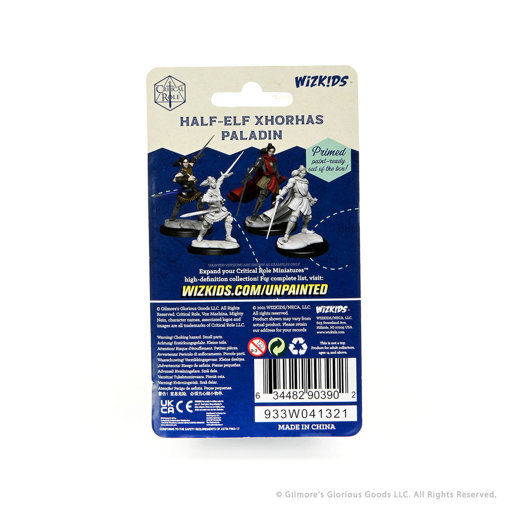 Critical Role Mini: Half-Elf Pally Xhorhas Female - Critical Role Half-Elf Xhorhas Female Paladin miniature unpainted with polearm and shield on round base.