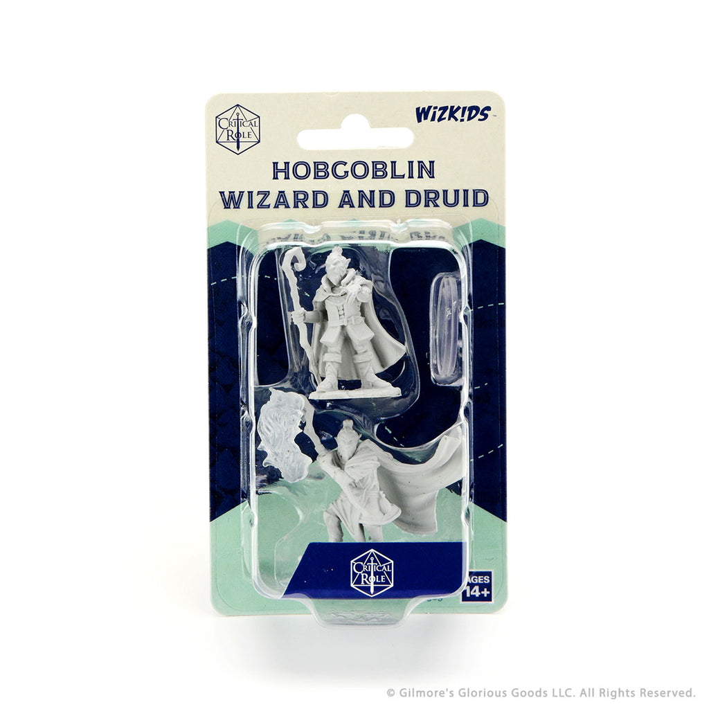 Critical Role Mini: HobgoblinGob Wiz & Druid Male - Unpainted hobgoblin wizard and druid miniature with cloak and staff in clear plastic packaging.