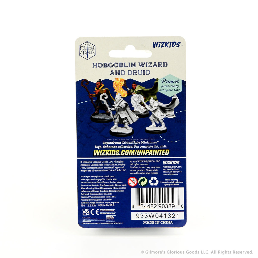 Critical Role Mini: HobgoblinGob Wiz & Druid Male - Back packaging of unpainted hobgoblin wizard and druid miniatures by WizKids with character artwork and product information.