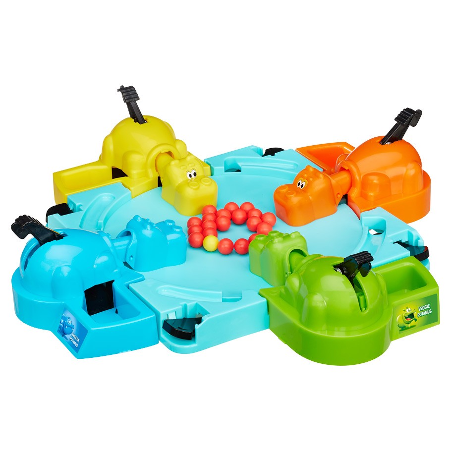 Hungry Hungry Hippos - Hungry Hungry Hippos game with four colorful plastic hippos in blue, yellow, orange, and green on a blue base with red.