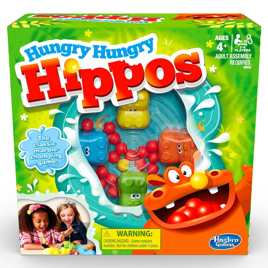 Hungry Hungry Hippos - Hungry Hungry Hippos classic board game box with colorful hippo characters and red marbles on green background.