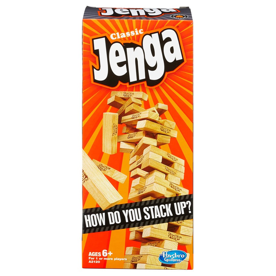 Jenga - Orange Jenga box with stacked wooden blocks and "How Do You Stack Up?" slogan on front.
