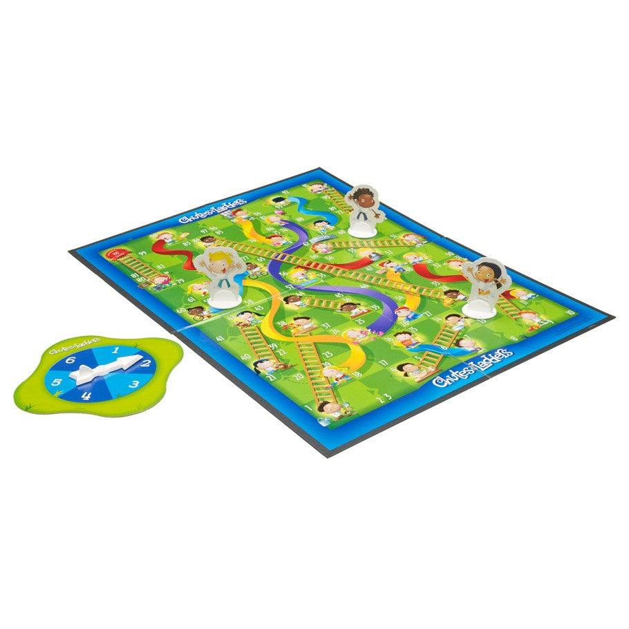 Chutes and Ladders - Colorful Chutes and Ladders board game with winding path and spinner on green base.