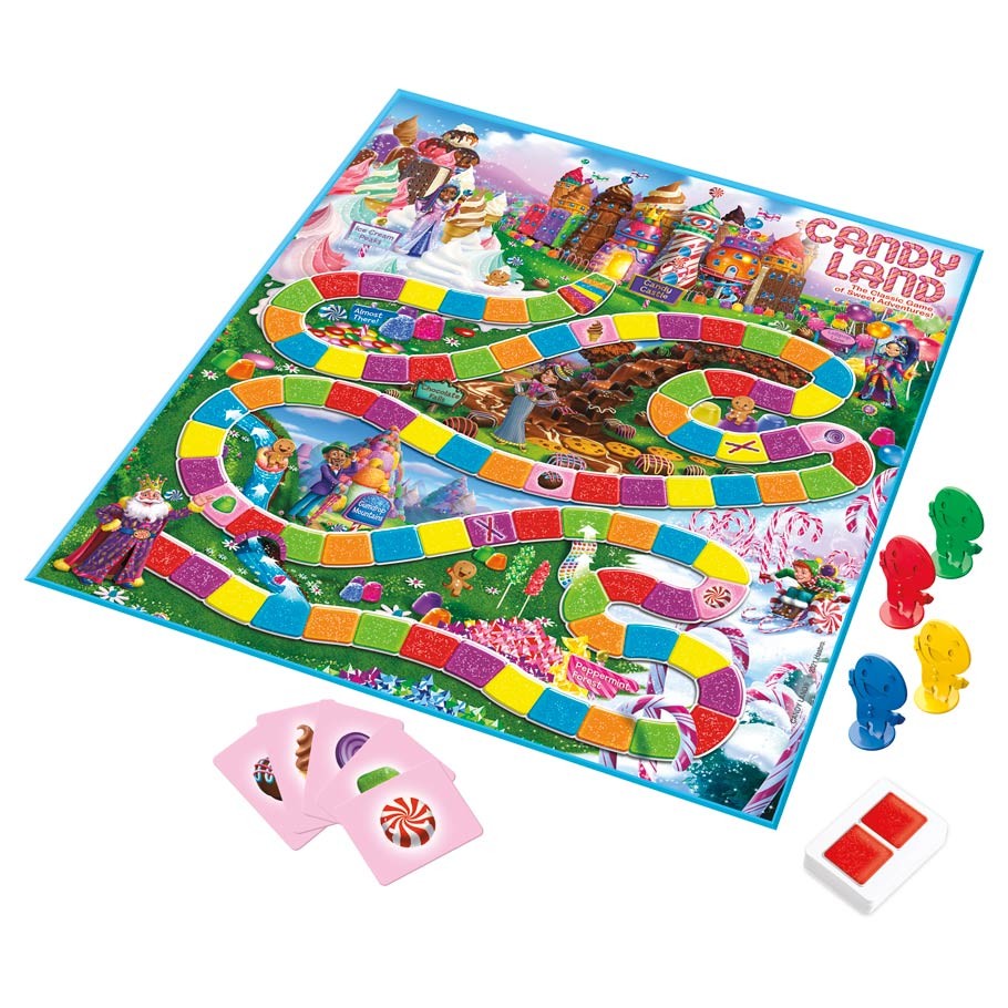Candy Land - Colorful Candy Land board game with winding path, character tokens, and pink cards featuring sweets.