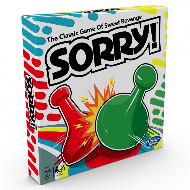 Sorry! - Sorry! board game box with red and green pawns and colorful striped background.