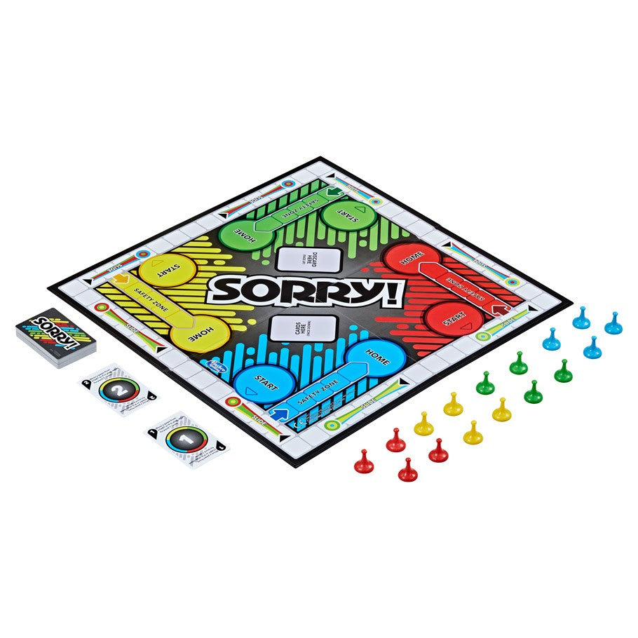 Sorry! - Sorry! classic board game with colorful game board, four colored pawn sets, and instruction cards.