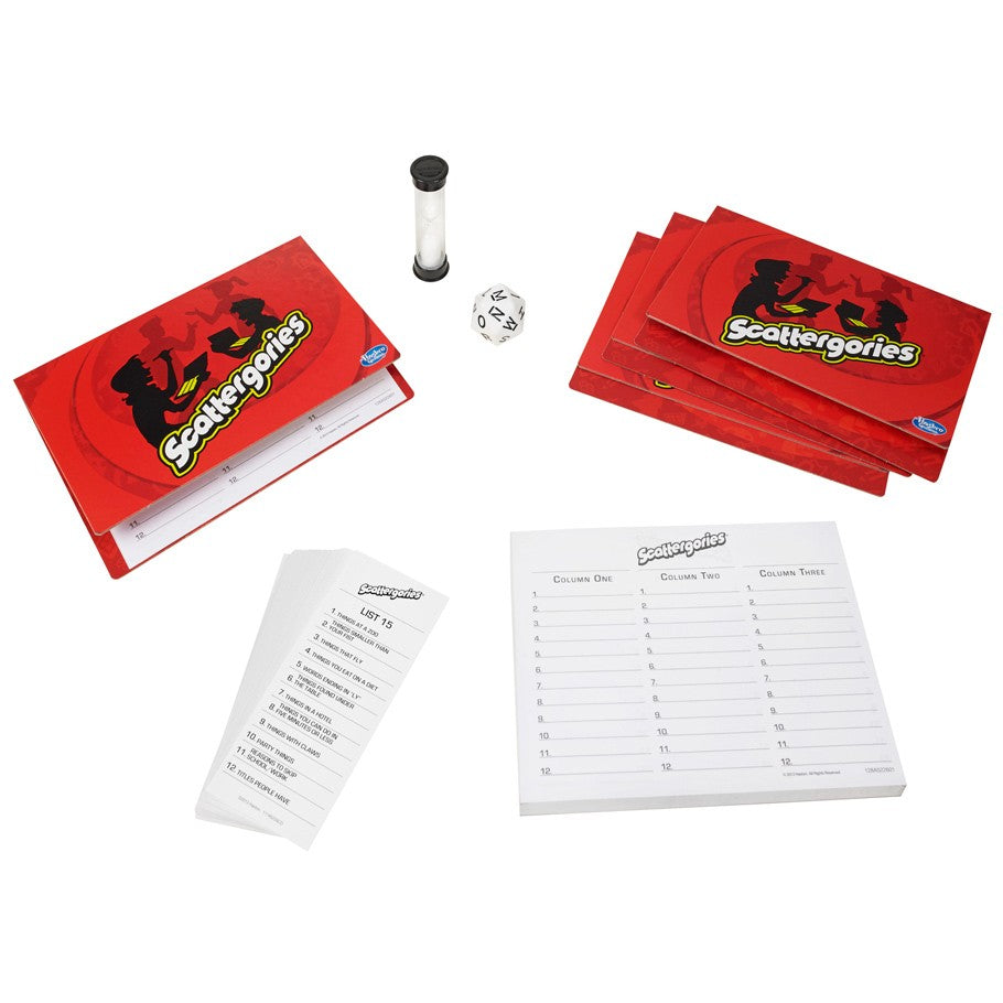 Scattergories - Scattergories game set with red category cards, answer sheets, timer, and twelve-sided die on white background.
