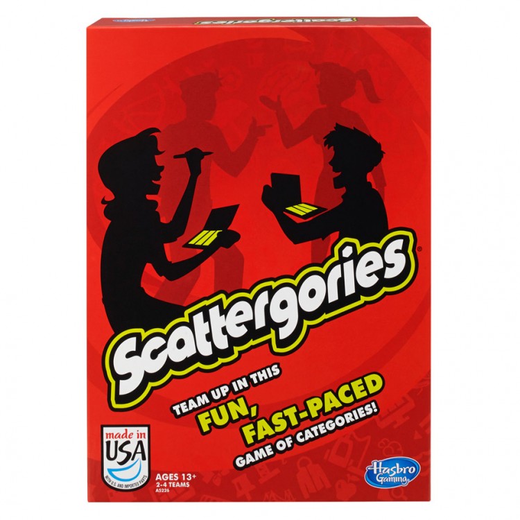 Scattergories - Scattergories board game box with red background and silhouettes holding yellow-bordered cards.