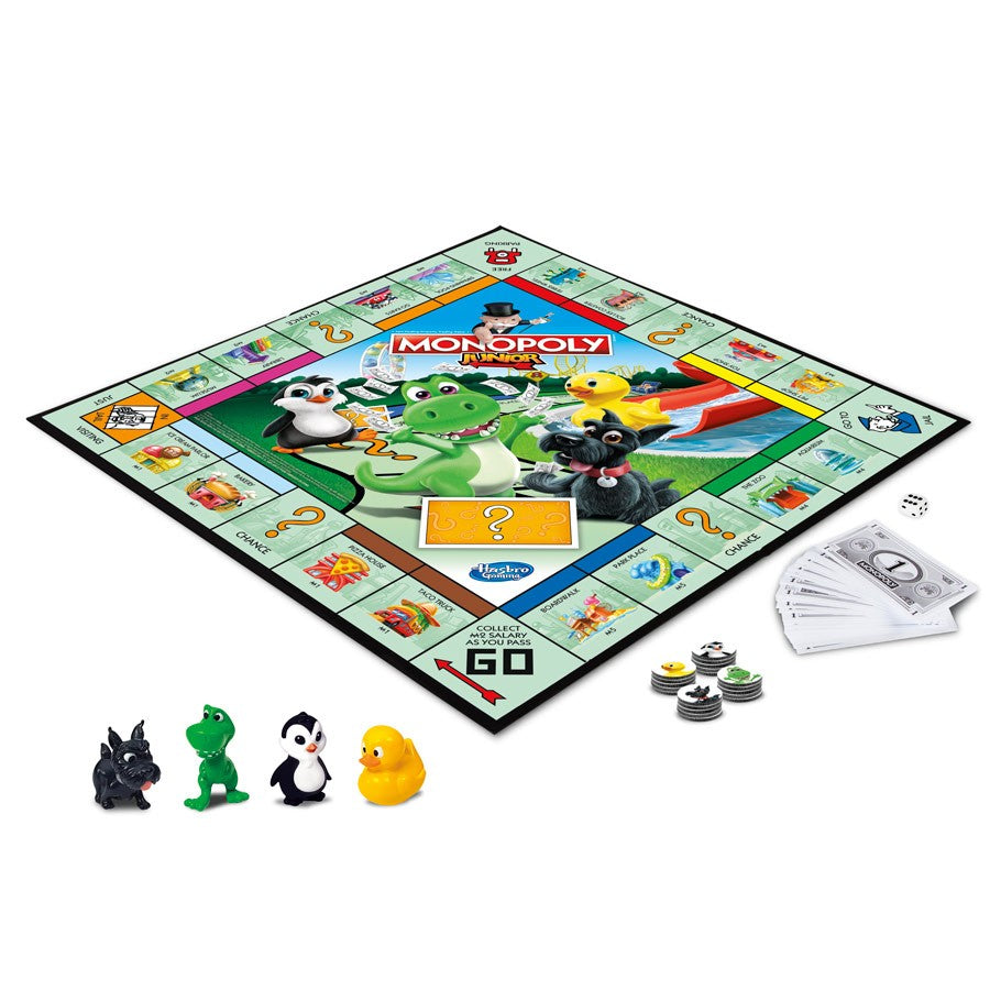 MONOPOLY Junior - Colorful Monopoly Junior board with cartoon-themed property spaces, four animal-shaped game tokens, play money, and chance.