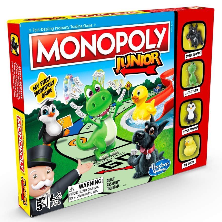 MONOPOLY Junior - Monopoly Junior board game box with colorful cartoon characters including dog, duck, dragon, and cat.