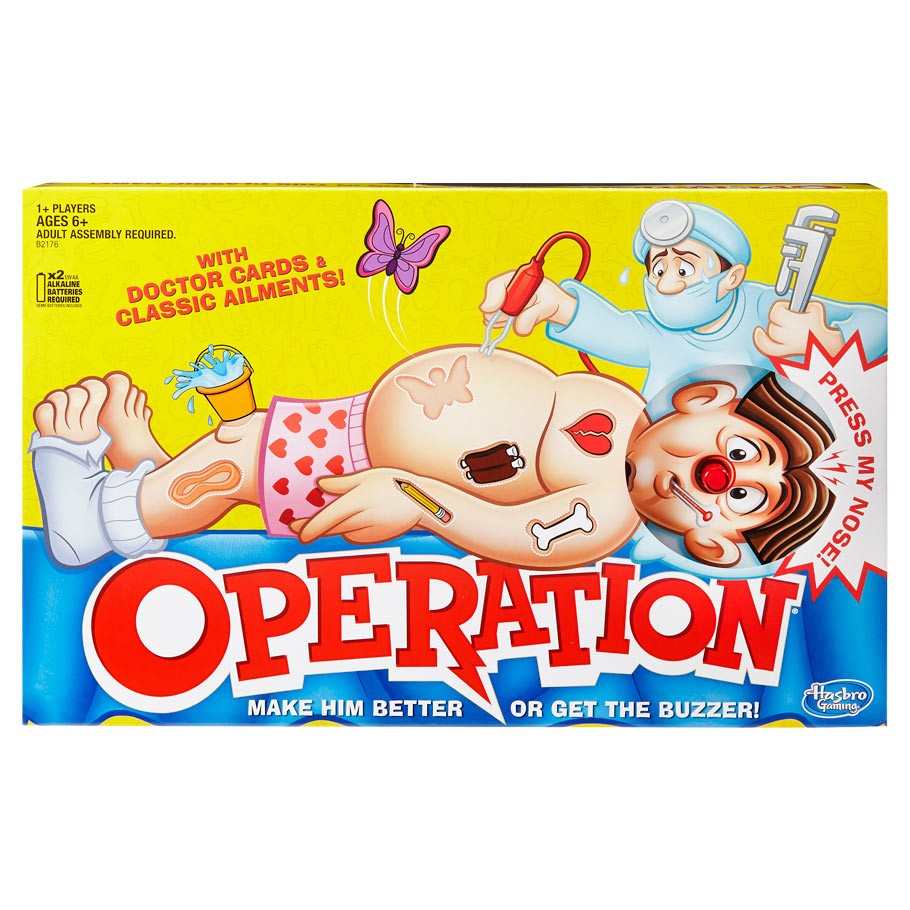 Operation - Operation classic board game with patient board and humorously illustrated doctor on yellow background.