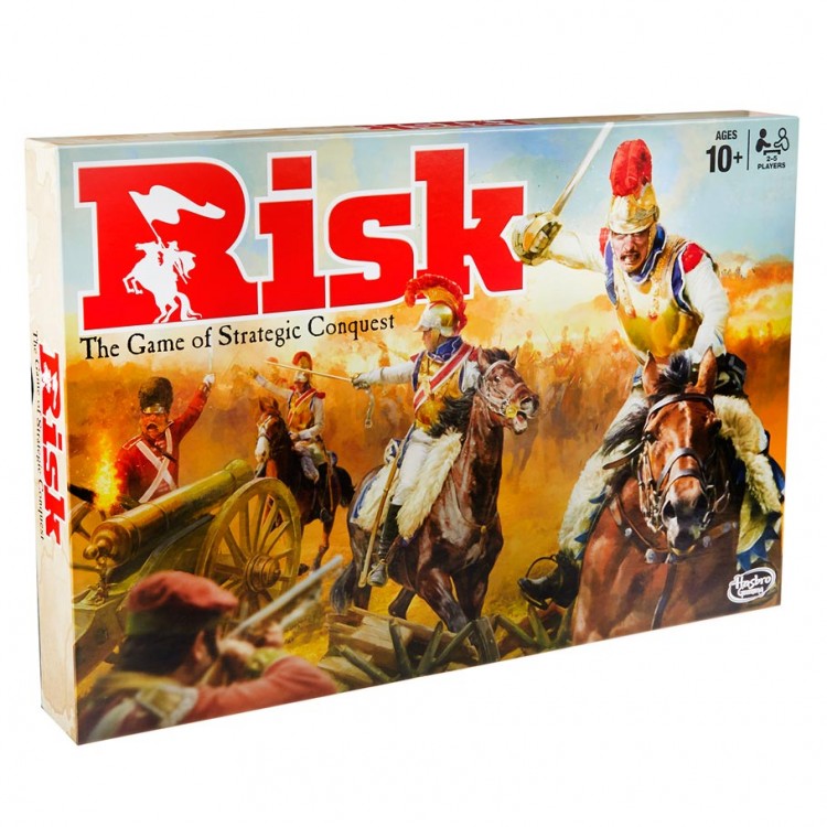Risk - Risk classic board game box featuring mounted cavalry charging in battle with dramatic sky background.