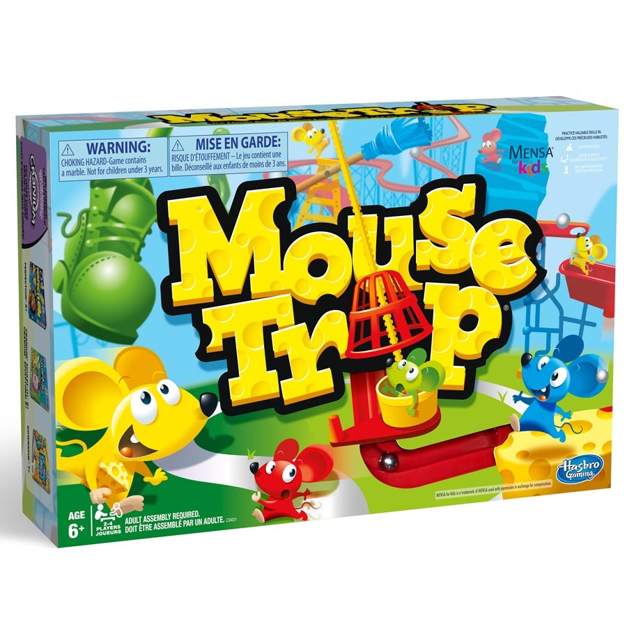 Mousetrap - Colorful Mousetrap board game box featuring cartoon mice and a complex Rube Goldberg-style contraption illustration.