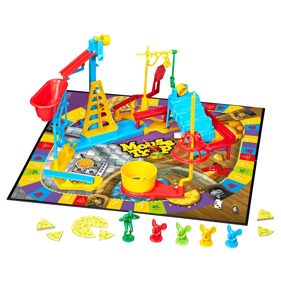 Mousetrap - Colorful Mousetrap board game with plastic ramps, traps, and animal-shaped pawns on vibrant game board.