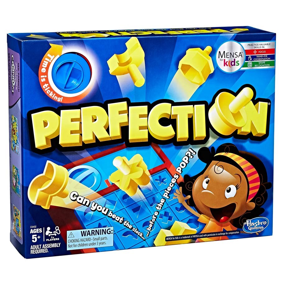 Perfection - Perfection board game box with yellow puzzle pieces and a cartoon character on a blue background.
