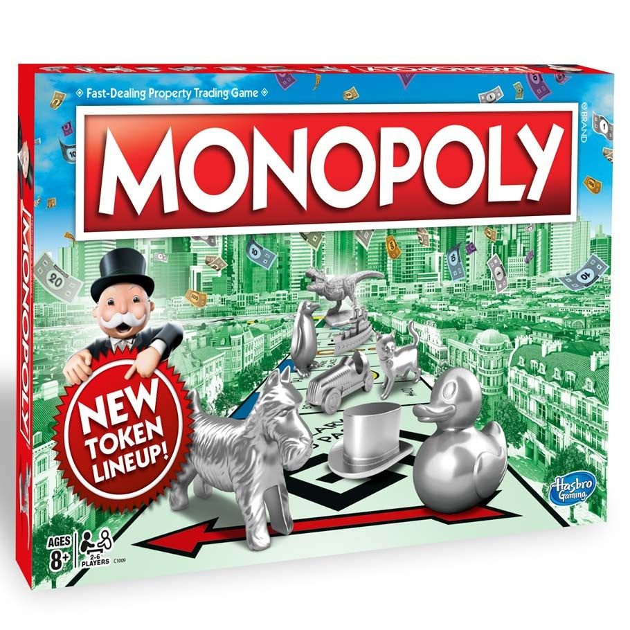 Monopoly Classic - Monopoly Classic board game box with Mr. Monopoly and new silver token lineup on green city background.
