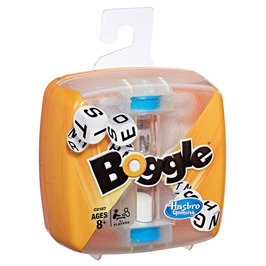 Boggle - Compact Boggle word game in orange plastic case with white letter dice and blue timer.