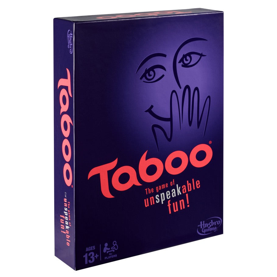 Taboo - Taboo classic party game box with purple background and red lettering showing a face with hand over mouth.