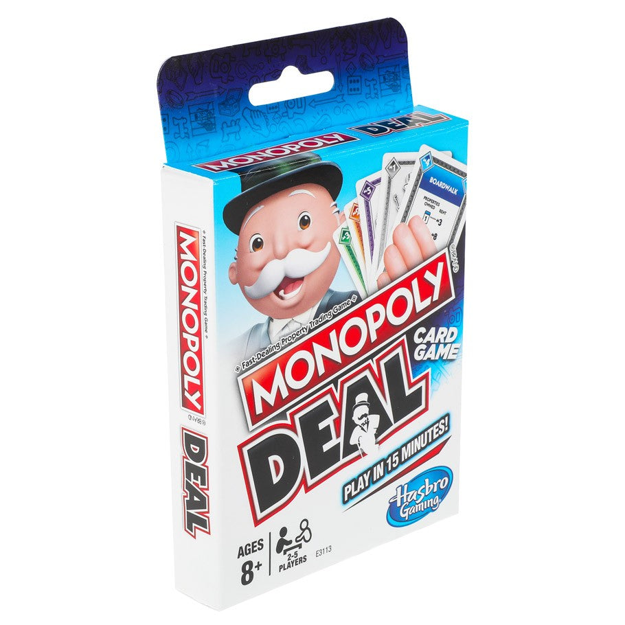 Monopoly Deal - Monopoly Deal card game box with Mr. Monopoly holding cards, Hasbro logo, blue and white design.