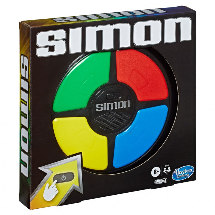 Simon - Simon electronic memory game with green, red, yellow, and blue color buttons in black casing with packaging box.