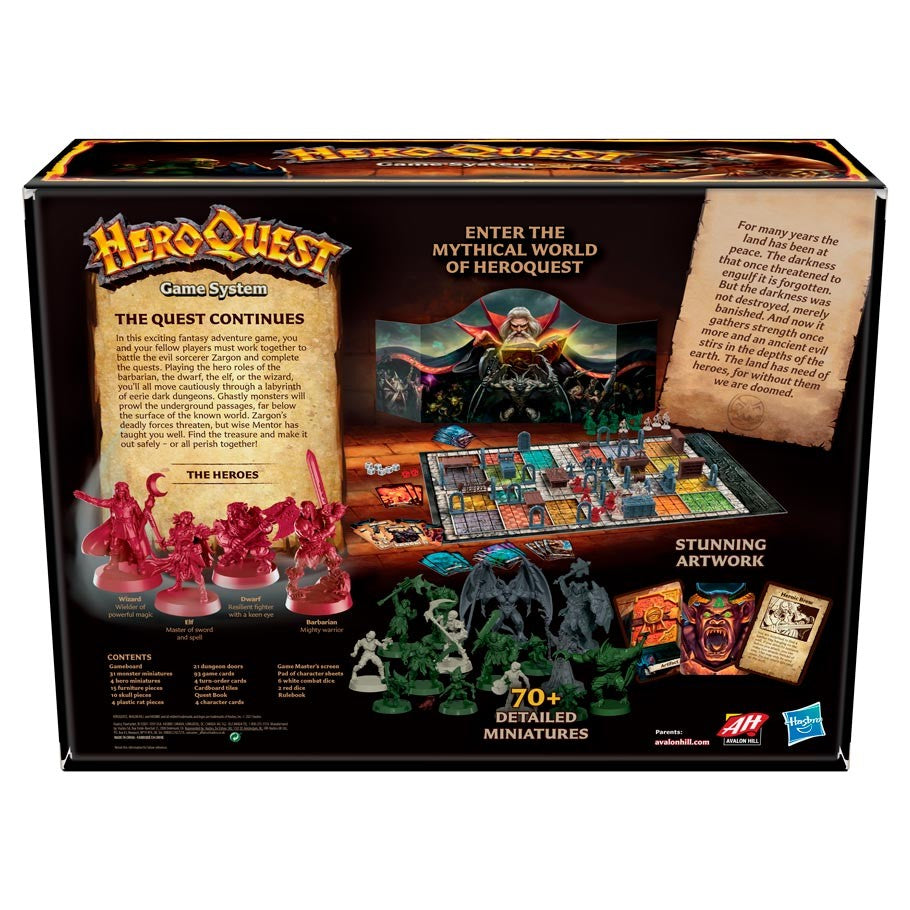 HeroQuest - HeroQuest board game box with detailed miniatures, fantasy dungeon layouts, and character cards displayed.