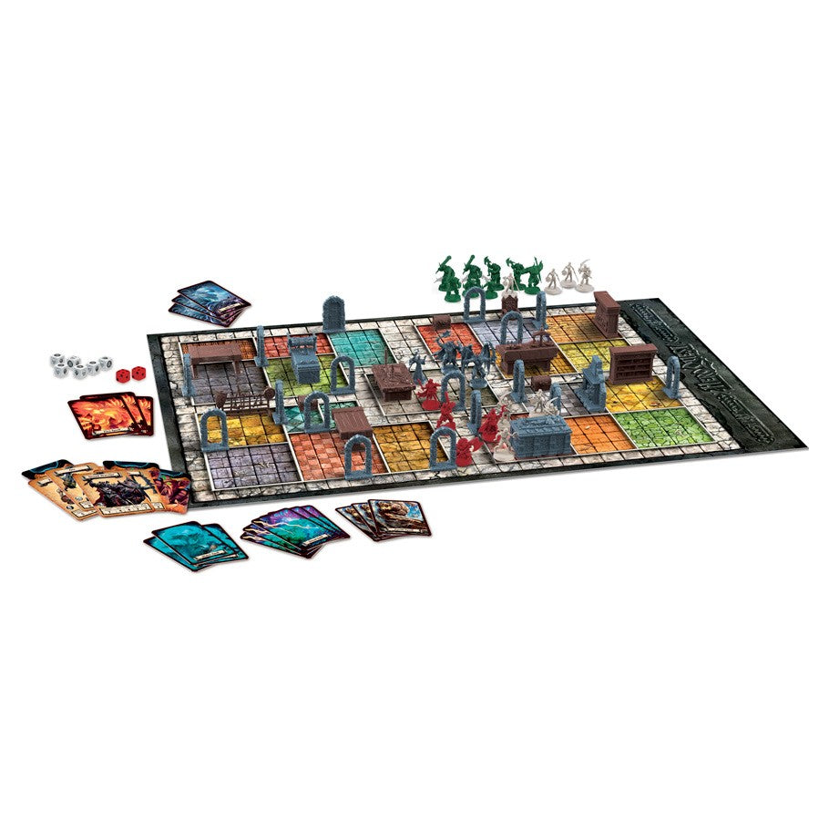 HeroQuest - HeroQuest board game set with detailed dungeon tiles, miniature figures, cards, and tokens arranged for play.