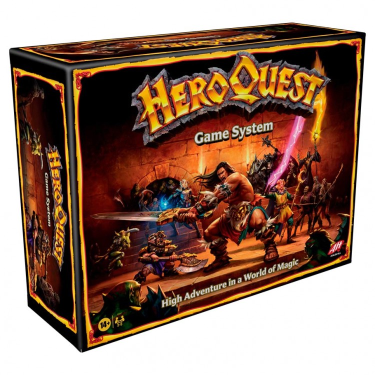 HeroQuest - HeroQuest board game box featuring fantasy characters battling with swords and magic on a dark, fiery background.