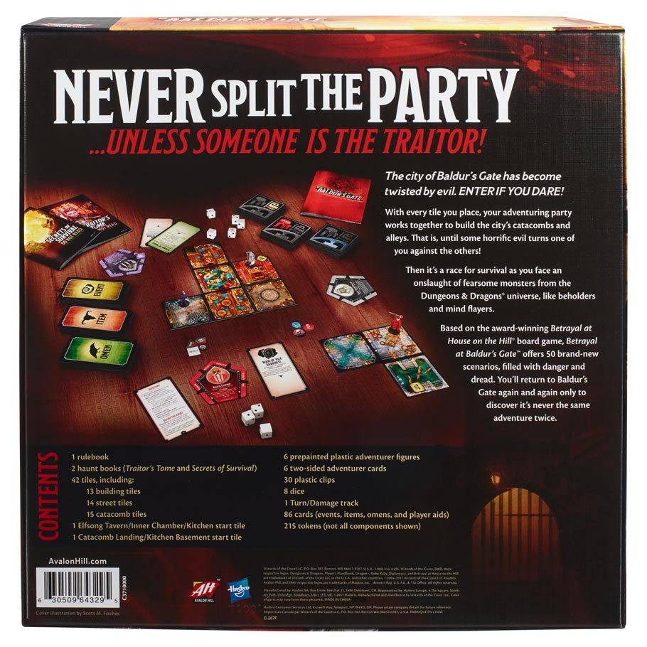 Betrayal at Baldur's Gate - Betrayal at Baldur's Gate board game box back showing game components and gameplay description.