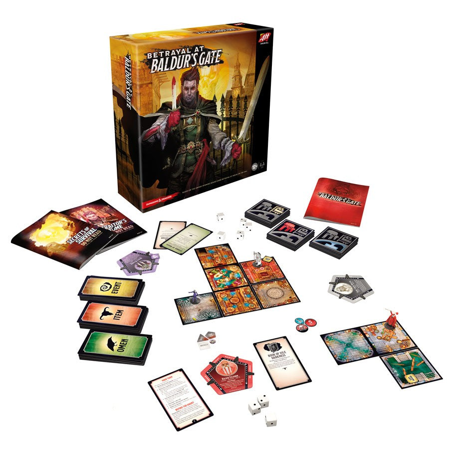 Betrayal at Baldur's Gate - Betrayal at Baldur's Gate board game with colorful modular tiles, character cards, dice, tokens, and rulebook arranged on.