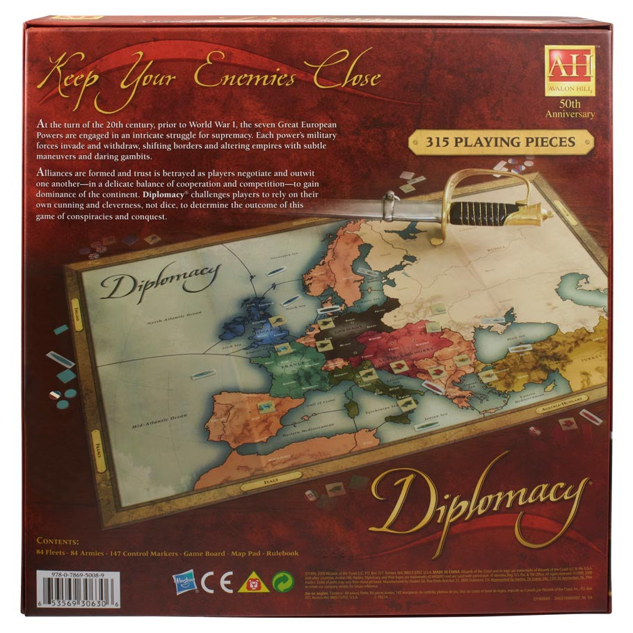 Diplomacy - Diplomacy board game box with vintage map of Europe, multicolored wooden playing pieces, and classic script text on dark red