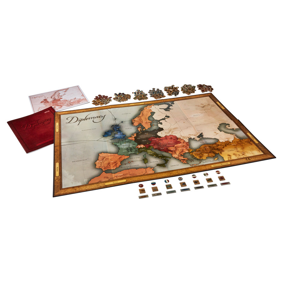 Diplomacy - Diplomacy board game with vintage Europe map, wooden tokens, and red storage bag on white background.