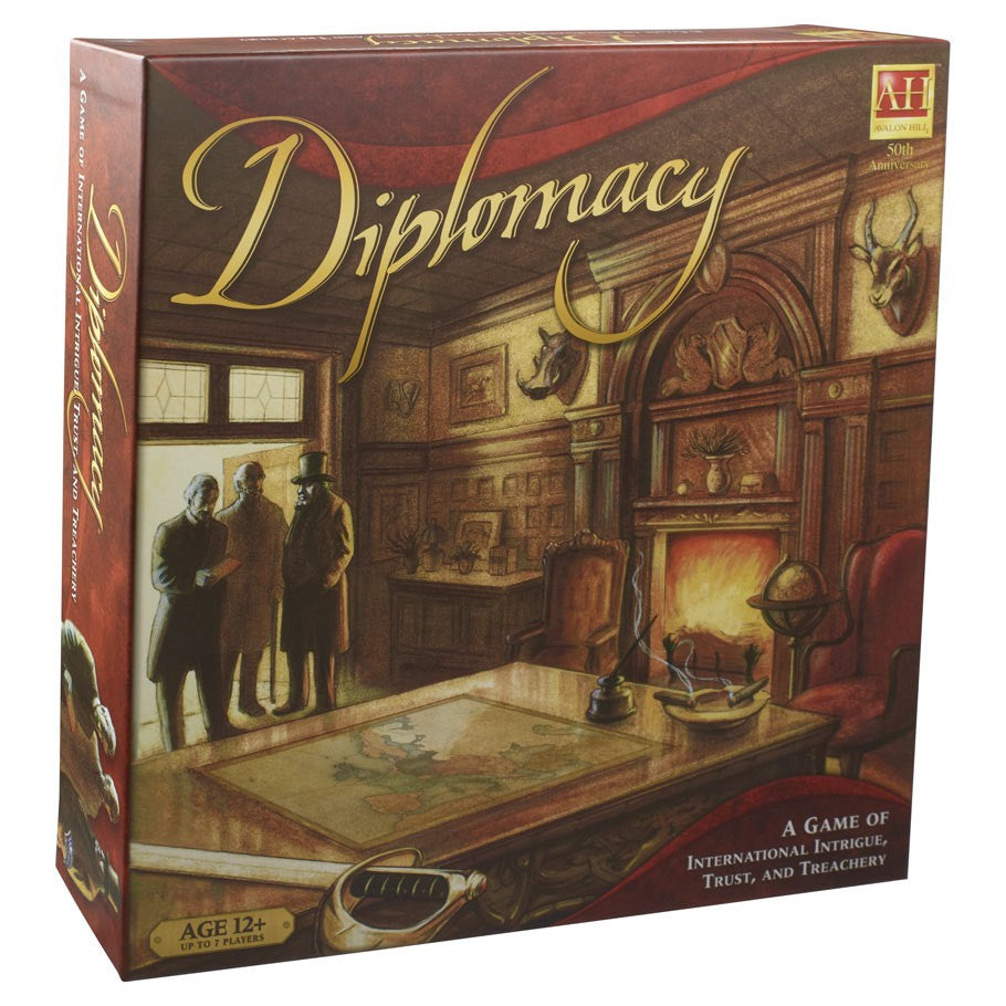 Diplomacy - Diplomacy board game box with vintage room illustration, fireplace, and players around a map table.