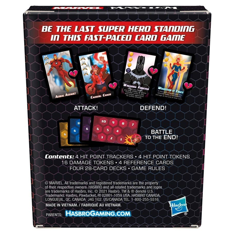 Marvel Mayhem - Marvel Mayhem card game box featuring colorful superhero cards with attack and defend labels on a black hexagonal background.