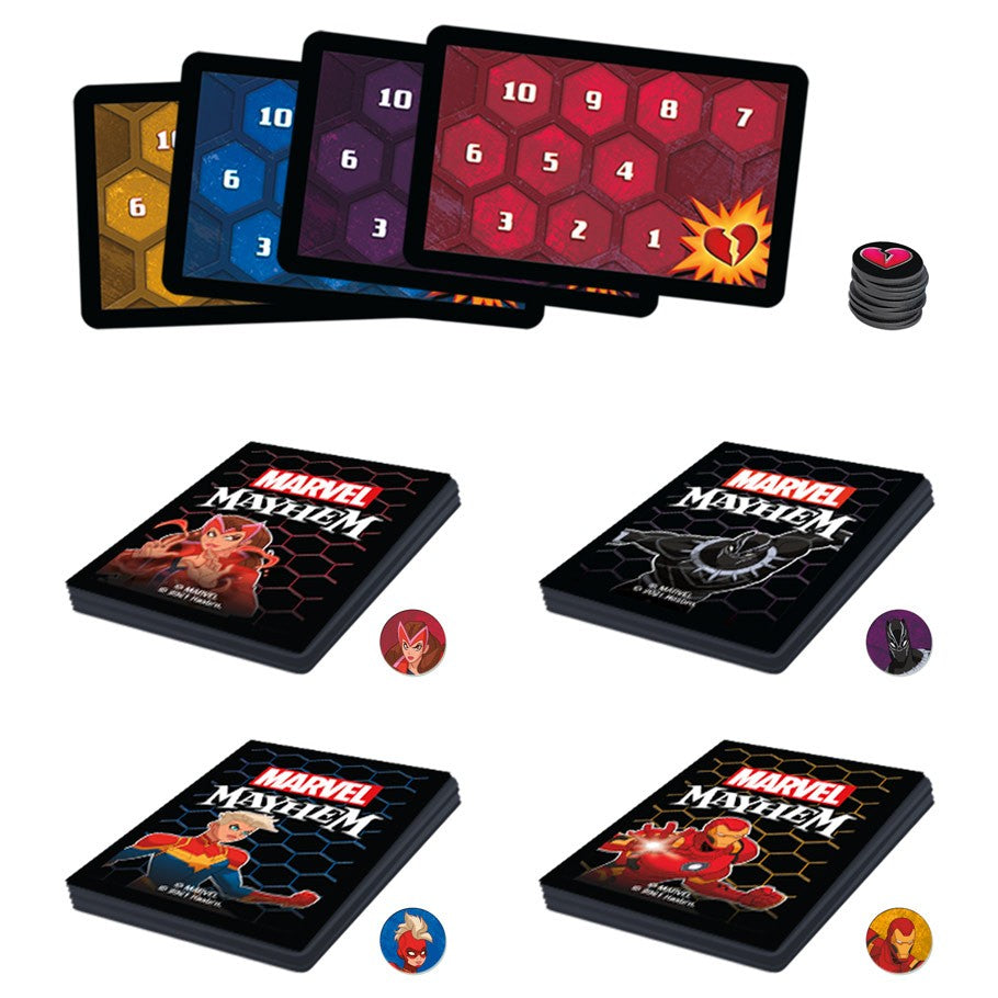 Marvel Mayhem - Marvel Mayhem card game set with colorful superhero-themed cards and black token stacks on white background.