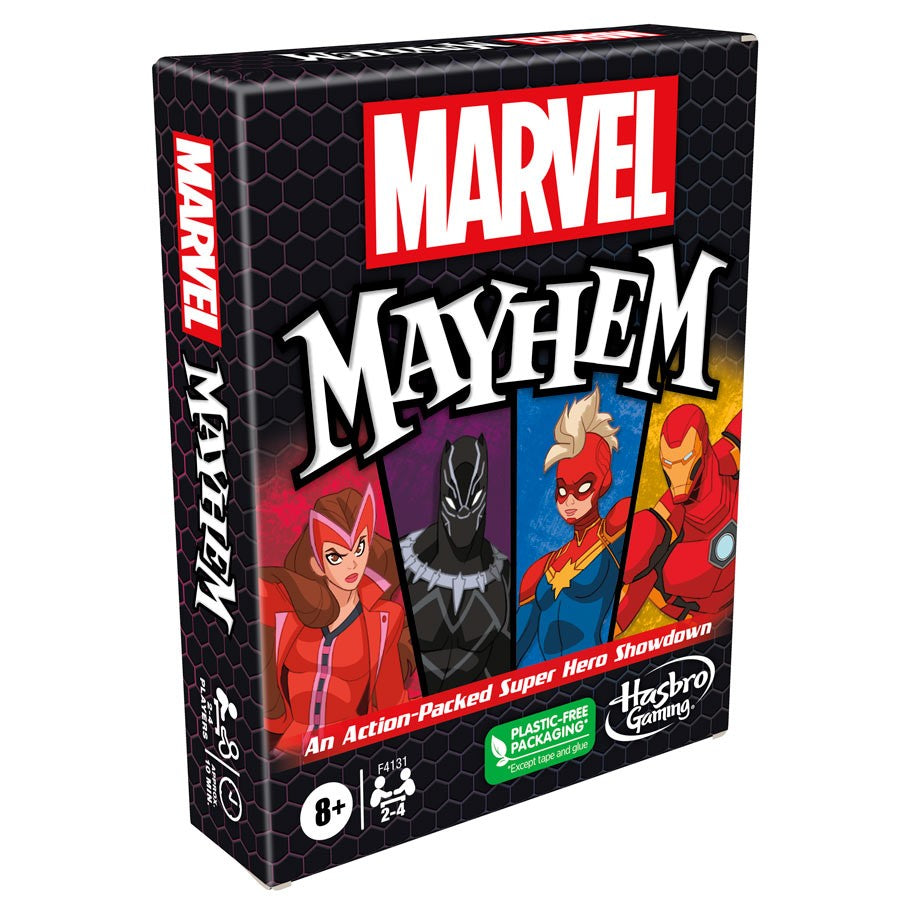 Marvel Mayhem - Marvel Mayhem card game box featuring Scarlet Witch, Black Panther, Ms. Marvel, and Iron Man characters.