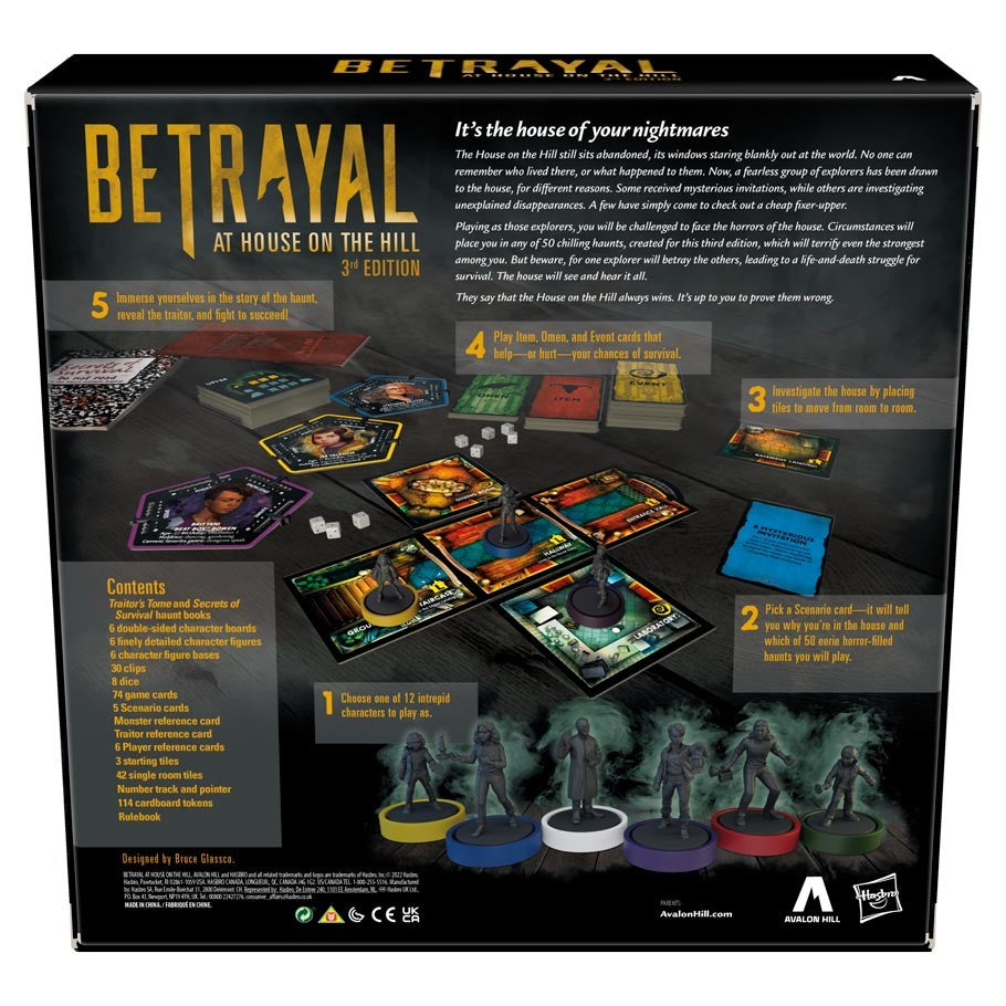 Betrayal at House on the Hill 3e - Black game box with yellow lettering, featuring detailed character miniatures, colorful cards, and game tiles for Betrayal.