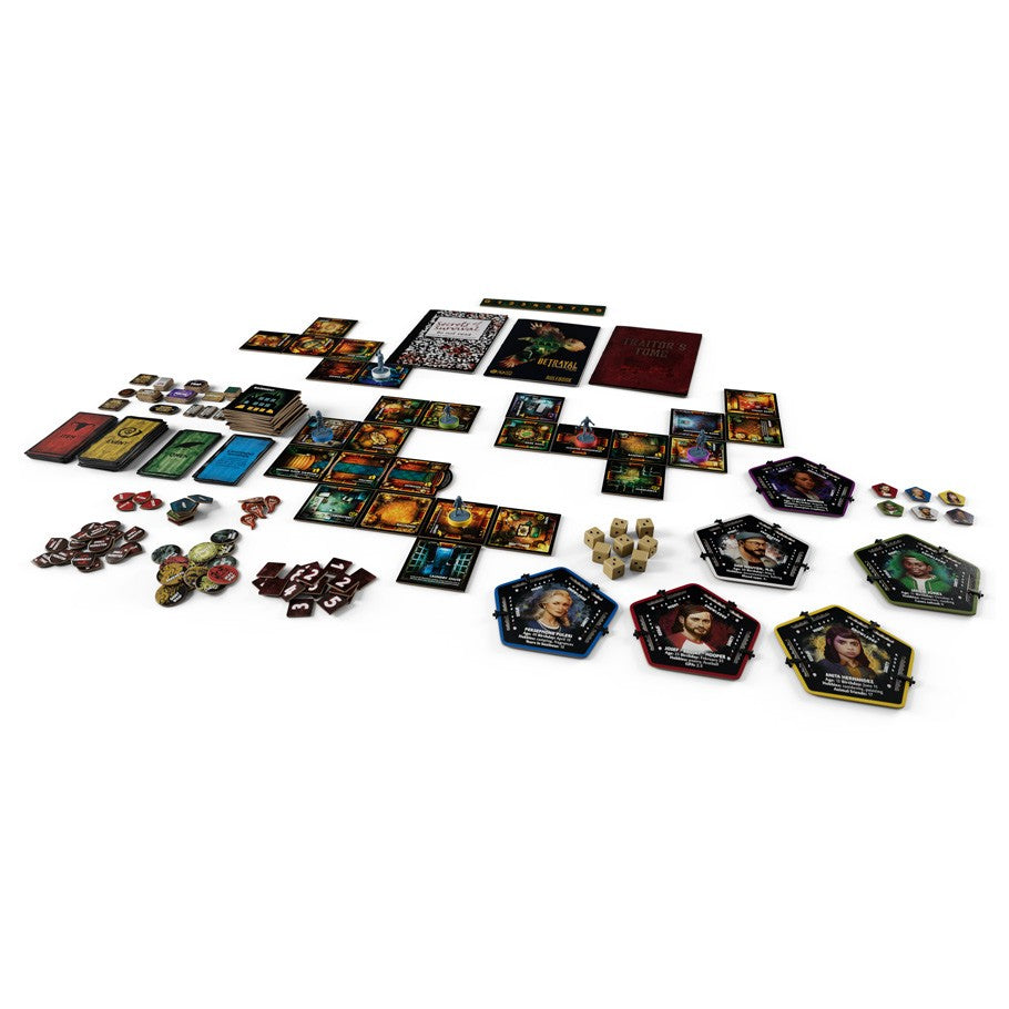 Betrayal at House on the Hill 3e - Betrayal at House on the Hill 3rd edition board game with modular tiles, character cards, dice, and assorted tokens laid out .