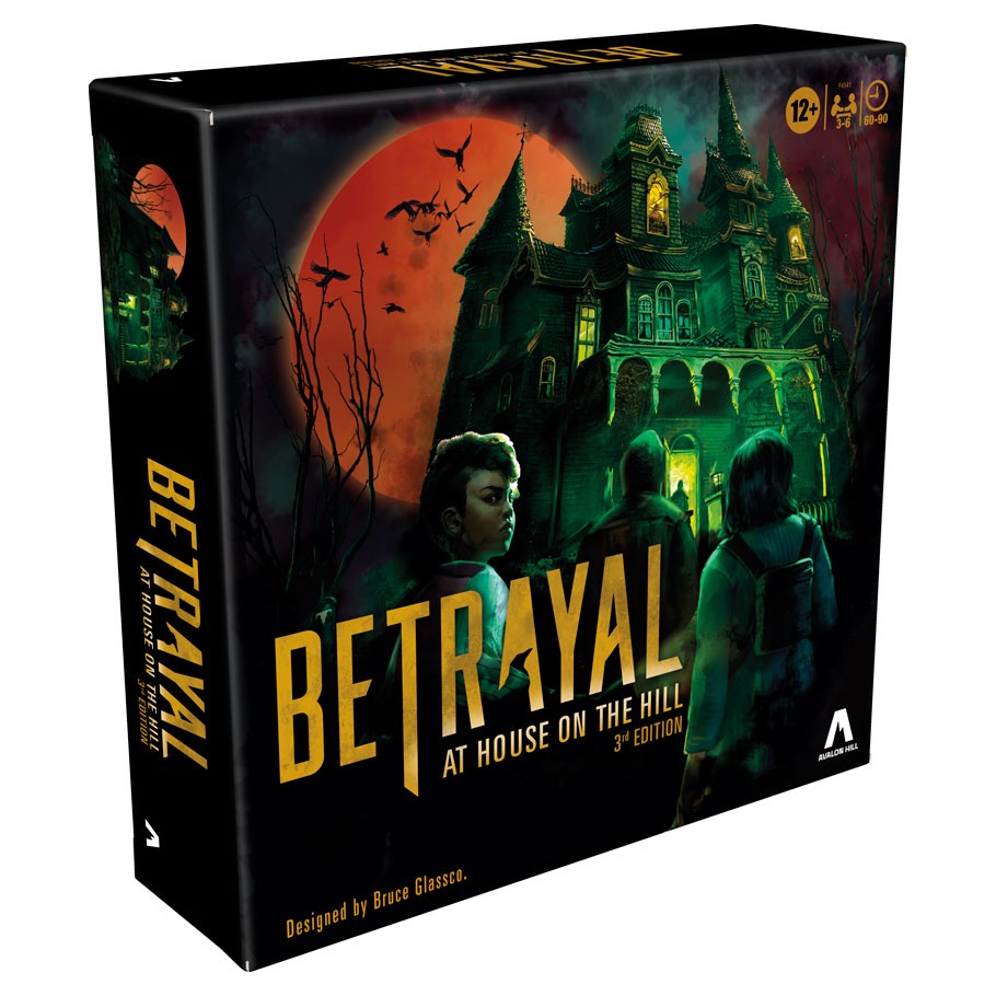 Betrayal at House on the Hill 3e - Betrayal at House on the Hill 3rd edition board game box with haunted mansion and two characters under orange moonlight.