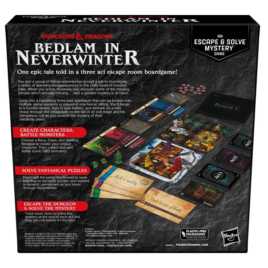 D&D: Bedlam in Neverwinter - Board game box with dark fantasy artwork, featuring colorful character cards, puzzle pieces, and game tokens for Dungeons &.