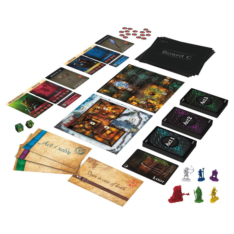 D&D: Bedlam in Neverwinter - Dungeons & Dragons Bedlam in Neverwinter board game components with cards, map tiles, dice, tokens, and colored character.