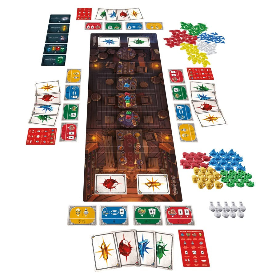 D&D: The Yawning Portal - Dungeons & Dragons The Yawning Portal board with dark dungeon tiles, colorful bug tokens, player cards, and dice on white.