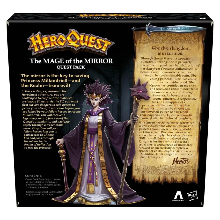 HeroQuest: The Mage of the Mirror - HeroQuest The Mage of the Mirror quest pack box with purple-robed mage holding a staff and detailed game text on black.