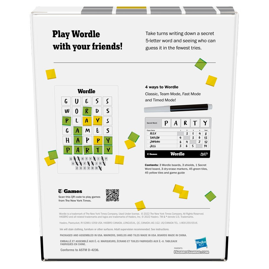 Wordle - Wordle game box showing play instructions, sample word grid, and party game details on white background.