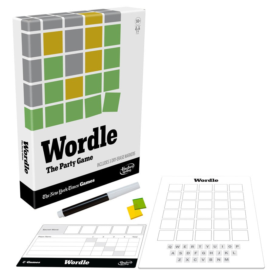 Wordle - Wordle party game box with grid cards, dry erase marker, and colored square tiles on white background.