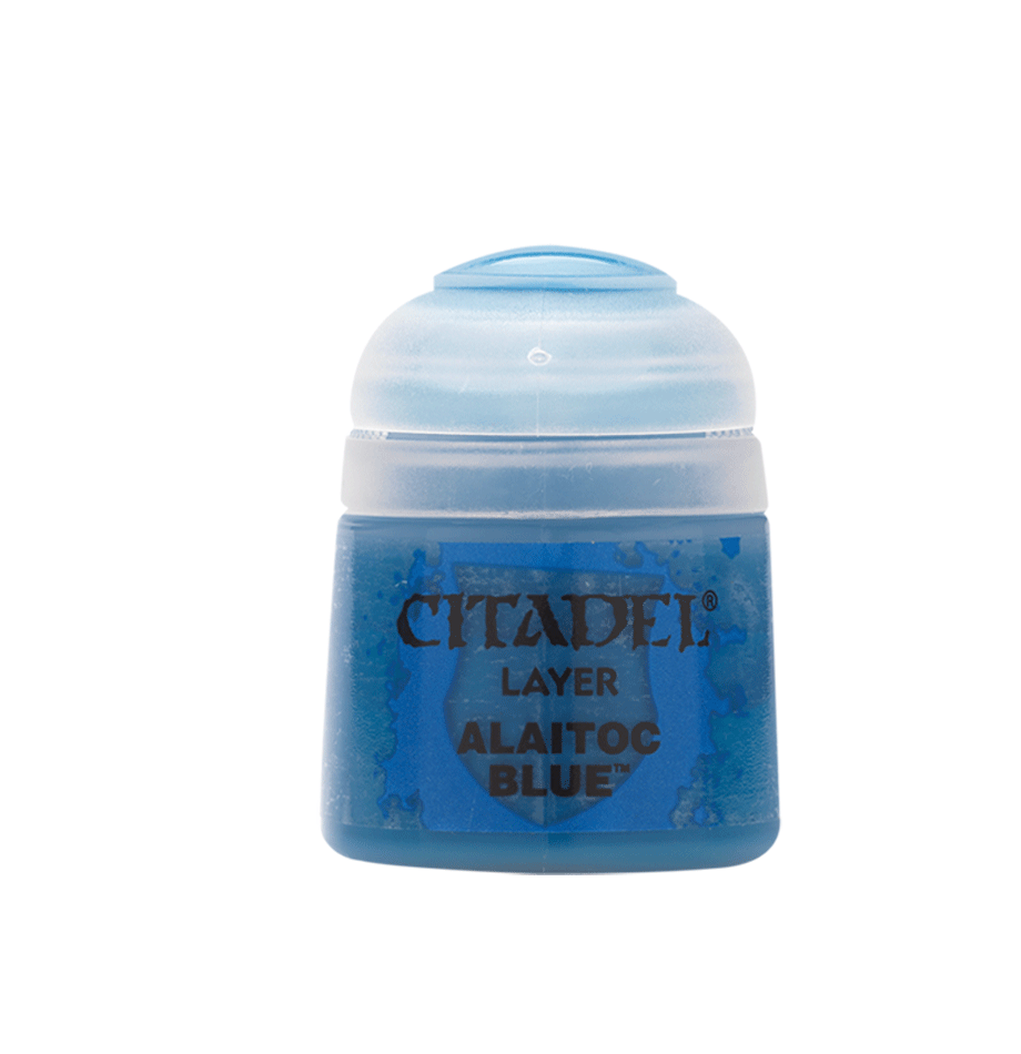 Citadel Layer Paint: Alaitoc Blue - Small clear plastic paint pot filled with bright blue Citadel Layer Paint labeled Alaitoc Blue.