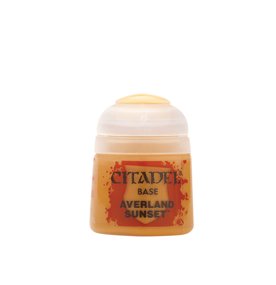 Citadel Base Paint: Averland Sunset - Small pot of Citadel Base Paint in warm yellow-orange labeled Averland Sunset with a clear plastic lid.