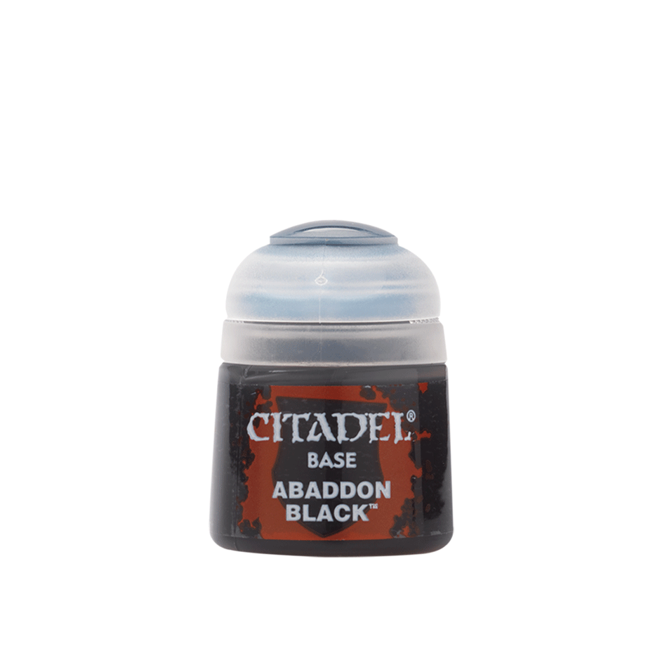 Citadel Base Paint: Abaddon Black - Citadel Base Paint pot in Abaddon Black with black and red label and gray cap.