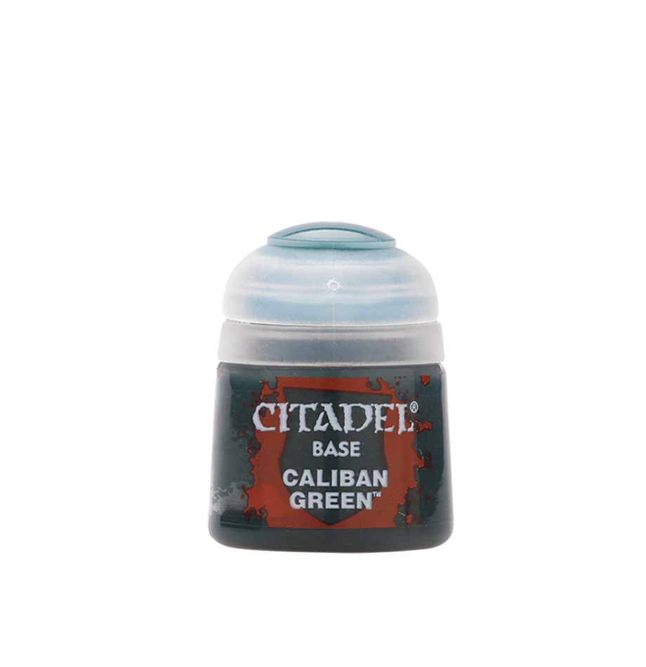 Citadel Base Paint: Caliban Green - Small pot of Citadel Base Paint in Caliban Green with black and red label and clear plastic lid.
