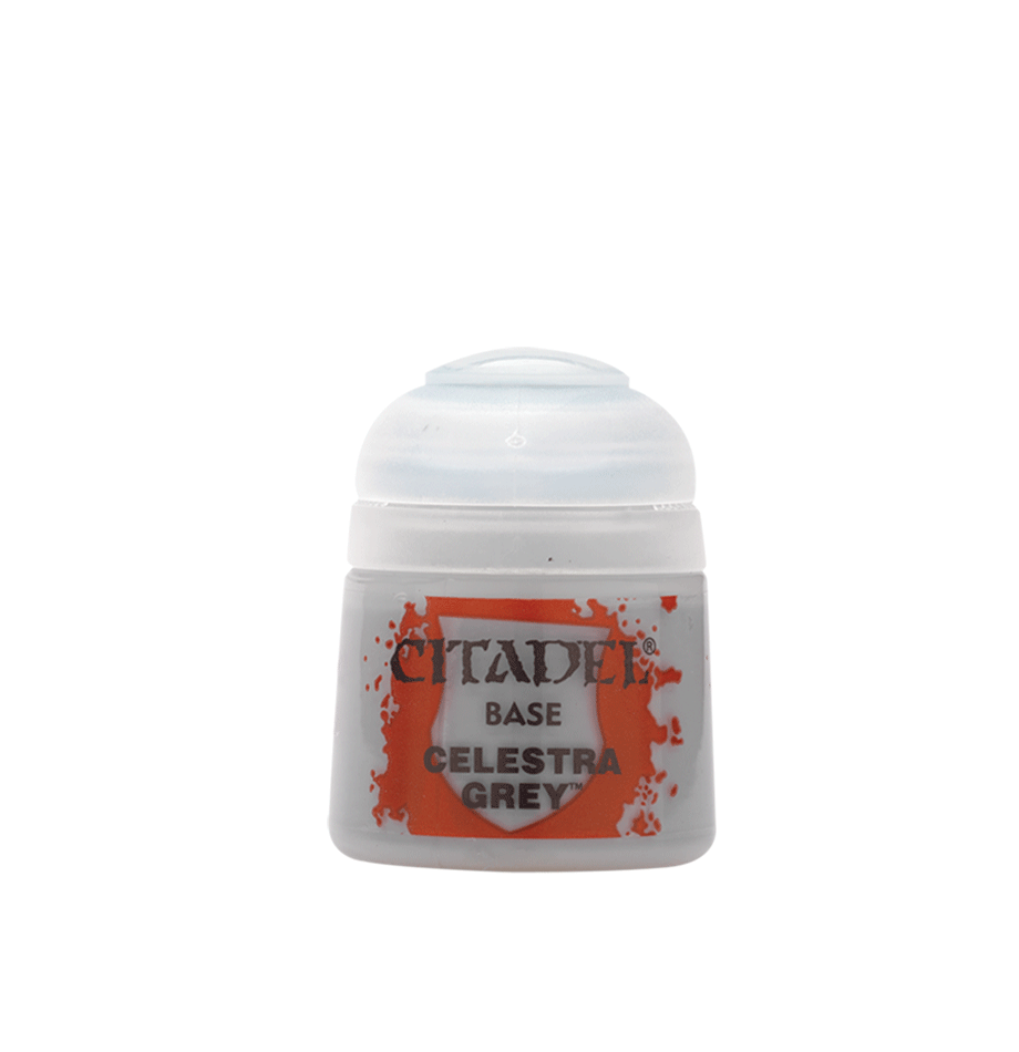 Citadel Base Paint: Celestra Grey - Small plastic pot of Citadel Base Paint in Celestra Grey with white cap and red label designs.