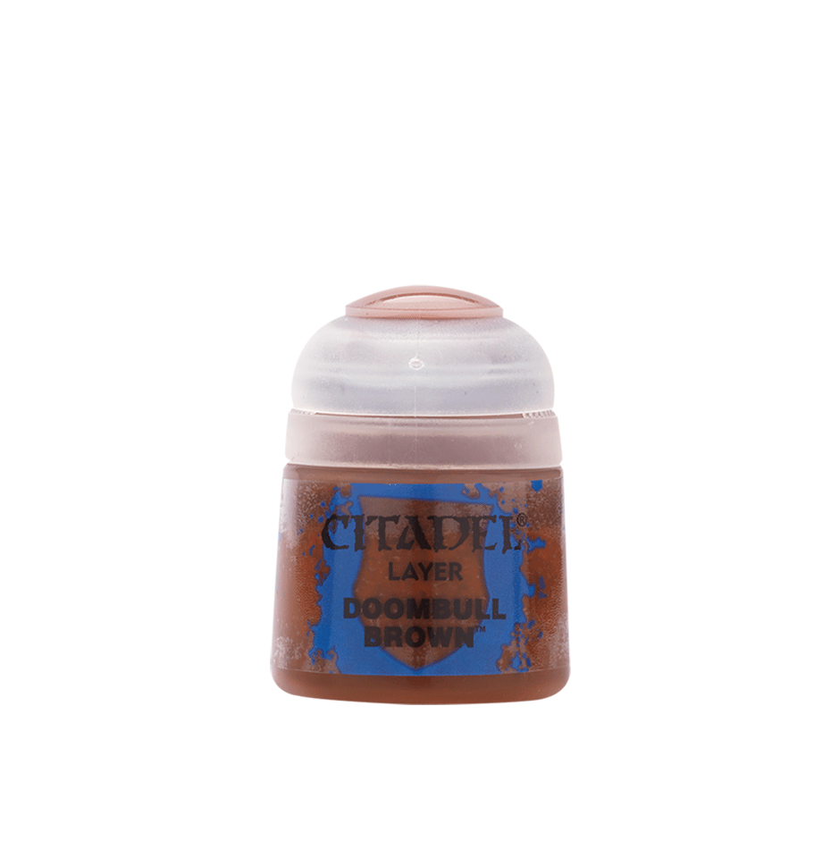 Citadel Layer Paint: Doombull Brown - Small round pot of Citadel Layer Paint in Doombull Brown with clear plastic lid and blue label text.